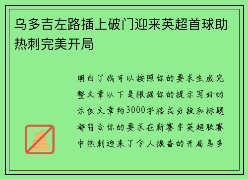 乌多吉左路插上破门迎来英超首球助热刺完美开局 乌多吉左路插上破门迎来英超首球助热刺完美开局