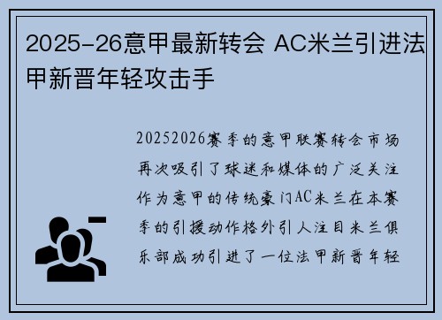 2025-26意甲最新转会 AC米兰引进法甲新晋年轻攻击手